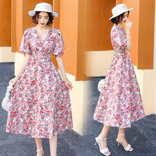 V领短袖时尚收腰气质百搭韩版2021夏季连衣裙，女装连衣裙，超帛