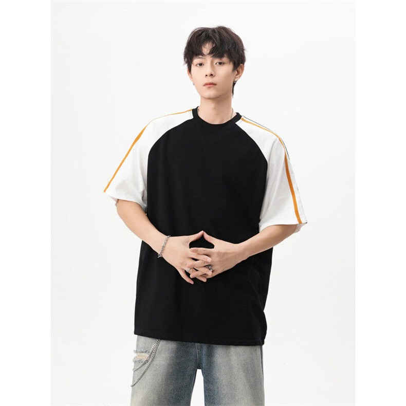 纯棉夏季新款港风日系拼色拼接圆领短袖T恤XZ608-T2517-P35控48,男装T恤,星座608(原A046)