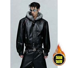现货冬季美式潮牌痞帅PU皮机车服棉衣毛毛绒狼王座山雕皮棉服，男装棉衣，电商A486-1