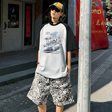 抖音得物高品质二开240克宽松纯棉美式潮牌插肩袖拼接短袖T恤，男装T恤，电商A486-1