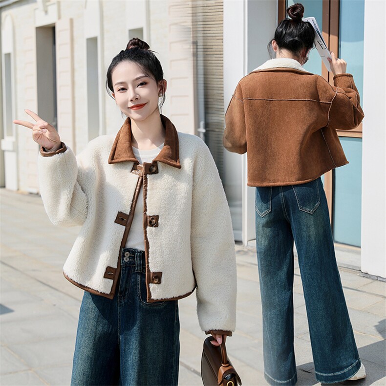双面可穿麂皮绒上衣女秋季2024新款小个子冬季加绒加厚仿羊羔毛外套,女装羊羔毛/颗粒绒,曼娅璐