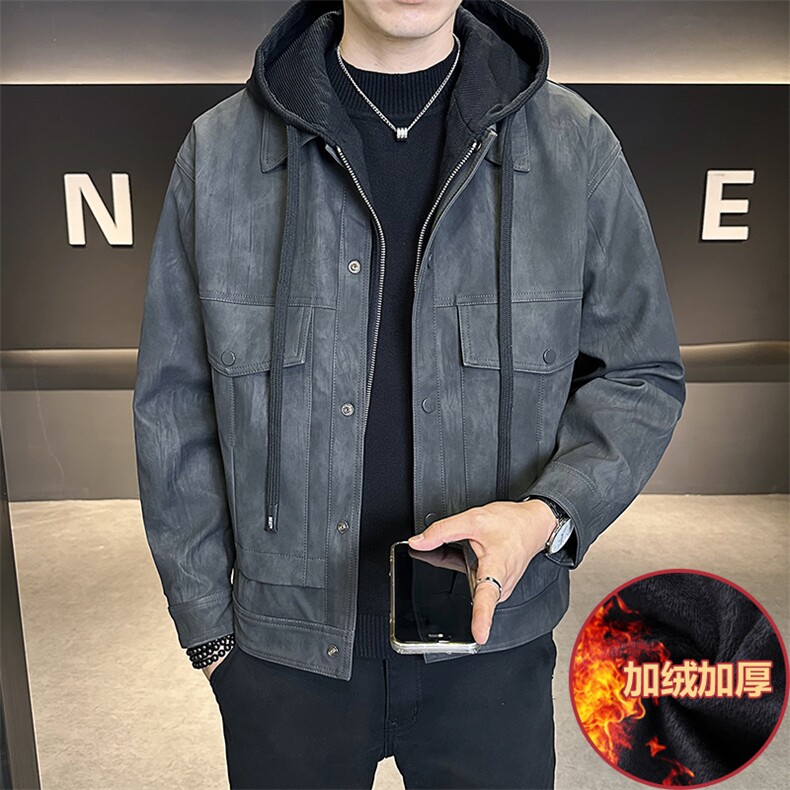 加绒加厚假两件连帽可拆卸男装皮衣外套夹克C317-J6661-P170,男装夹克,电商C317