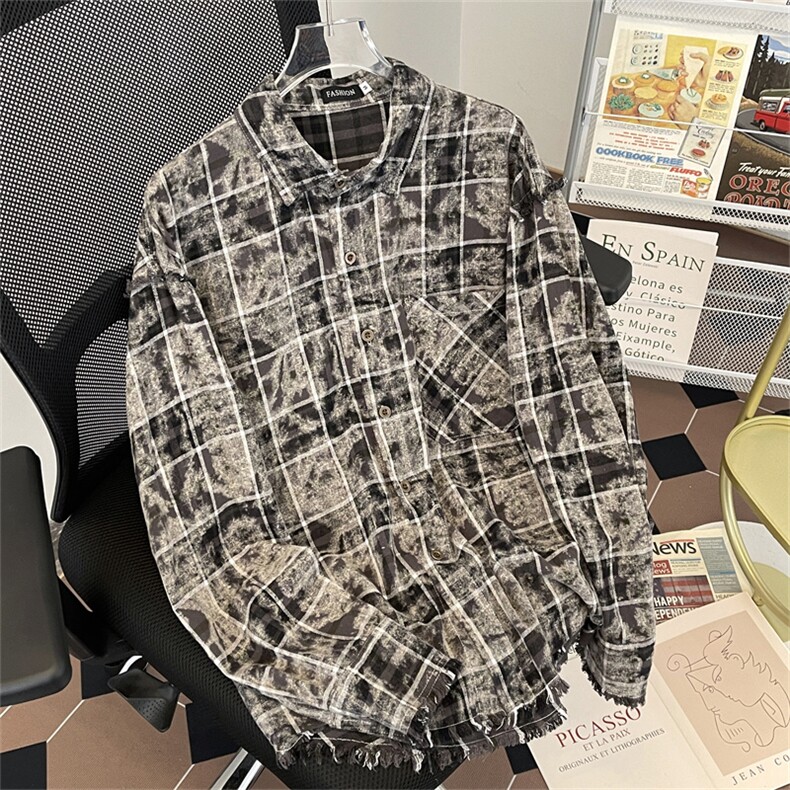 2024春季新款高质量扎染棉衬衫格子休闲衬衣痞帅现货W8112-P52,男装衬衫,星座512-4