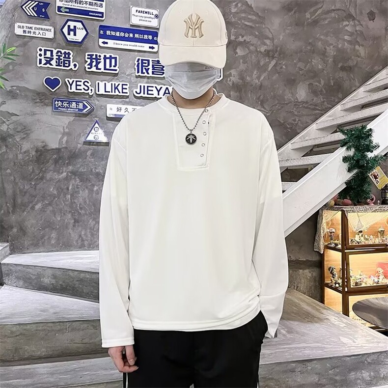 简约纯色复古休闲纽扣设计感T恤男潮流原宿时尚打底衫百搭W19/P35,男装T恤,星座506