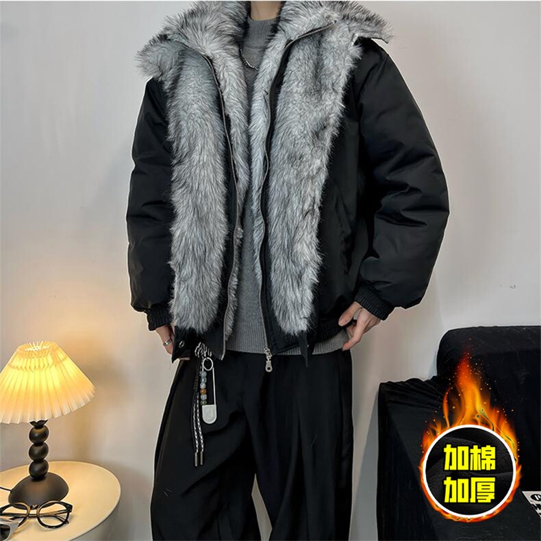 现货高品质美式高街重磅狼王座山雕毛毛领假两件棉衣加厚棉服外套，男装棉衣，电商A486-1