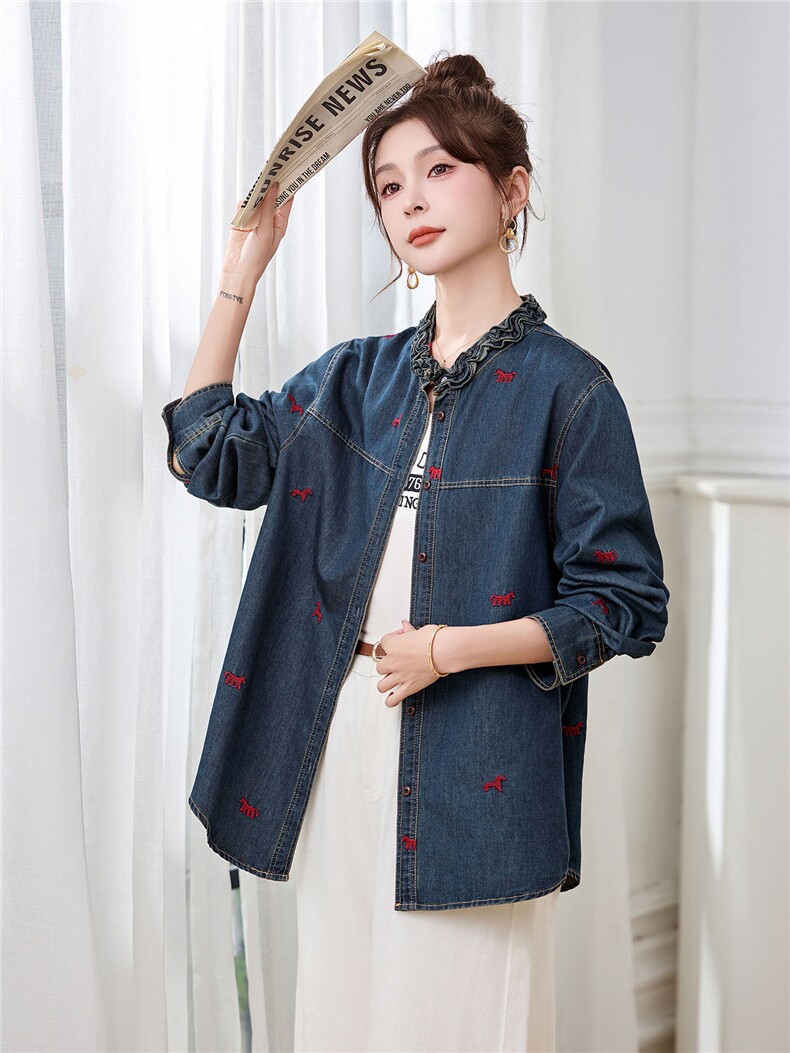 牛仔衬衫外套女中长款春季2026新款高端刺绣百搭叠穿长袖上衣,女装牛仔外套,丽影随形