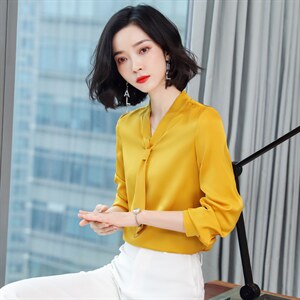 桑蚕丝长袖飘带上衣 2023春季新款领带纯色系扣真丝衬衫黄色图片