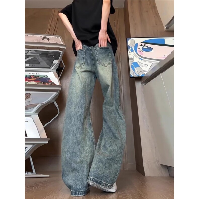 蓝色竹节纹破洞弯刀牛仔裤男夏季美式vibe裤子加长款高个子微喇裤,男装牛仔裤,星座506A