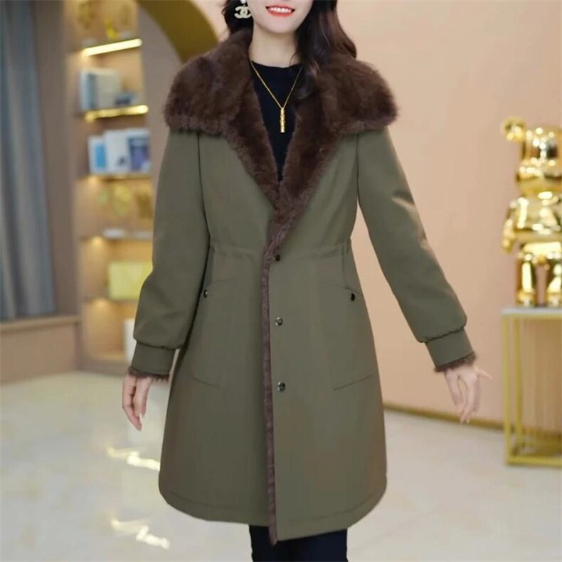 【大货已出】加绒加厚皮毛一体军绿色大衣女高级感皮草保暖外套,女装皮草,韩蔻秀