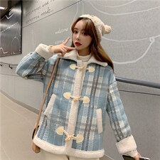 价秋冬外套韩版设计感格纹牛角扣羊羔毛外套宽松加厚外套女，女装皮草，潮品会