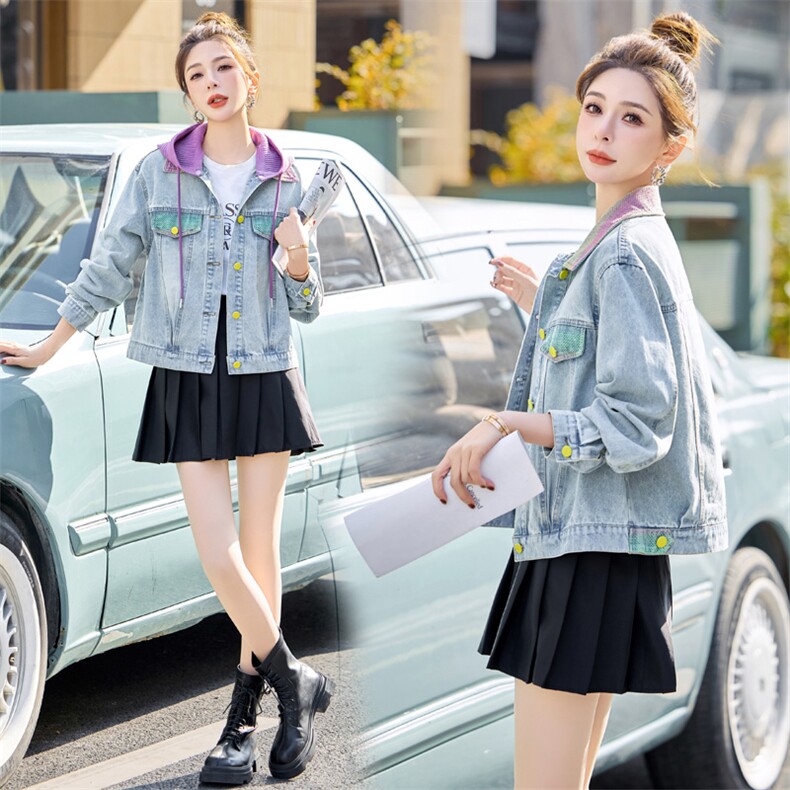 2025年春季新款现货女装韩版休闲可拆针织帽牛仔外套,女装短外套,靓星雨