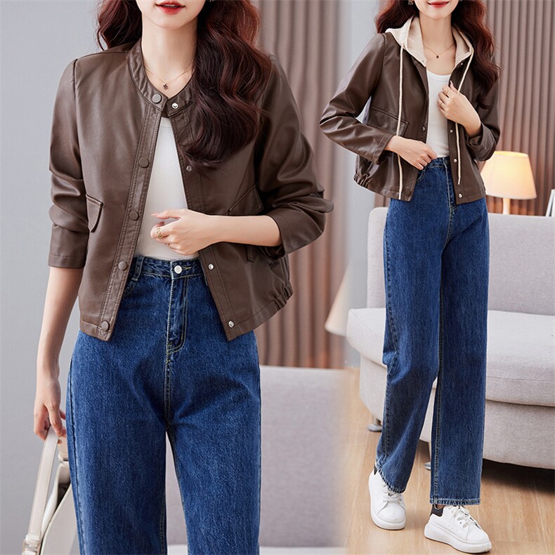 小个子皮衣外套女短款2023年新款春秋季显瘦气质连帽机车PU皮夹克，女装皮衣，江南女神