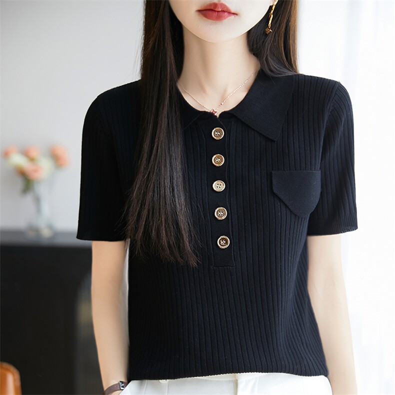 POLO坑条短袖t恤女夏季2025新款打底衫洋气大码女装冰丝针织上衣,女装T恤,皓宇羊绒