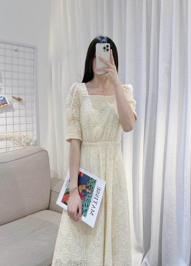 DINOBIENS【现货】夏季新款定制方领蕾丝连衣裙，女装连衣裙，迪诺比亚