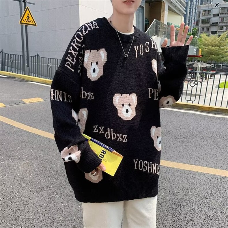 秋冬新款时尚潮男百搭宽松圆领小熊针织衫毛衣,男装针织衫/毛衣,四季星座218-1