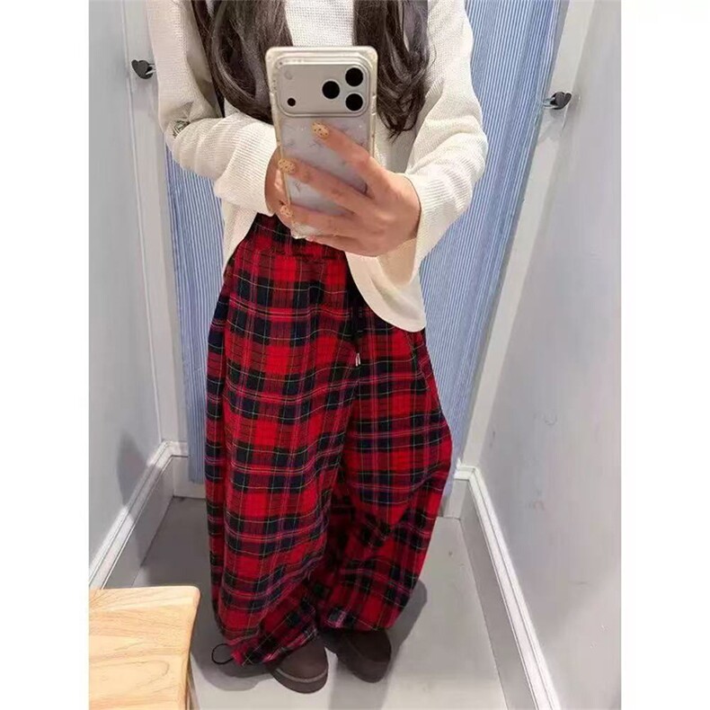 网图有货美式复古撞色格子抽绳松紧腰宽松阔腿裤男女A1324-P48,男装休闲裤,星座1505