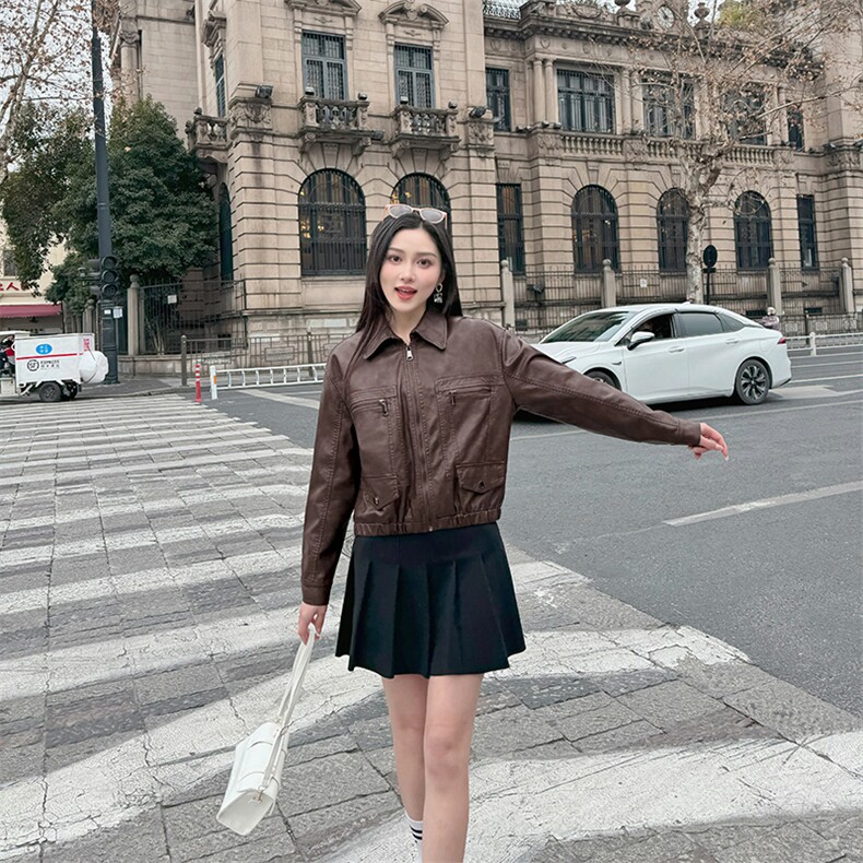 网红同款欧货新款复古泫雅风甜酷独特小众时尚皮外套女2024年春季,女装皮衣,江南女神