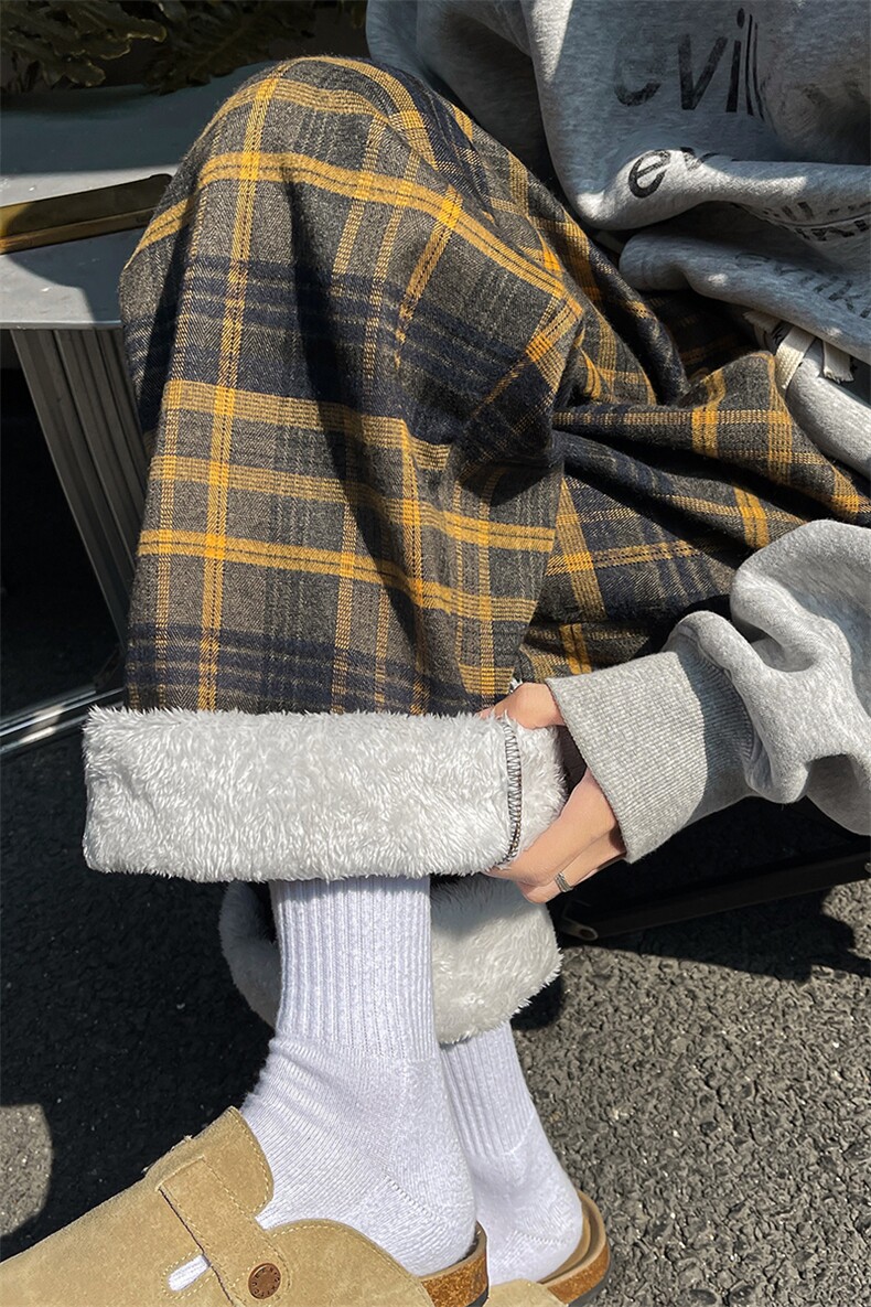 8XL-M毛呢复古格子裤宽松休闲加绒慵懒风直筒阔腿裤K9118P60控78,男装休闲裤,电商D206-1