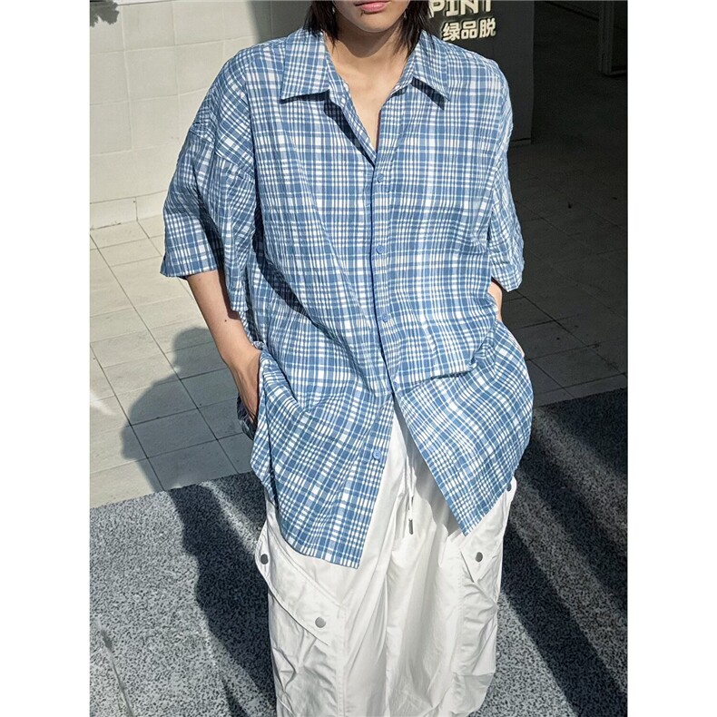 C316CS8333P68夏季新款格子撞色小清新蓝色刺绣短袖衬衫宽松,男装T恤,电商C316
