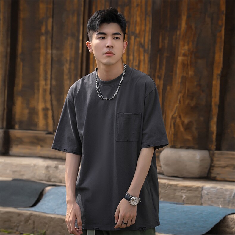 日系美式复古破洞短袖体恤嘻哈潮牌宽松tC309B-T78-P43-X59,男装T恤,电商C309B