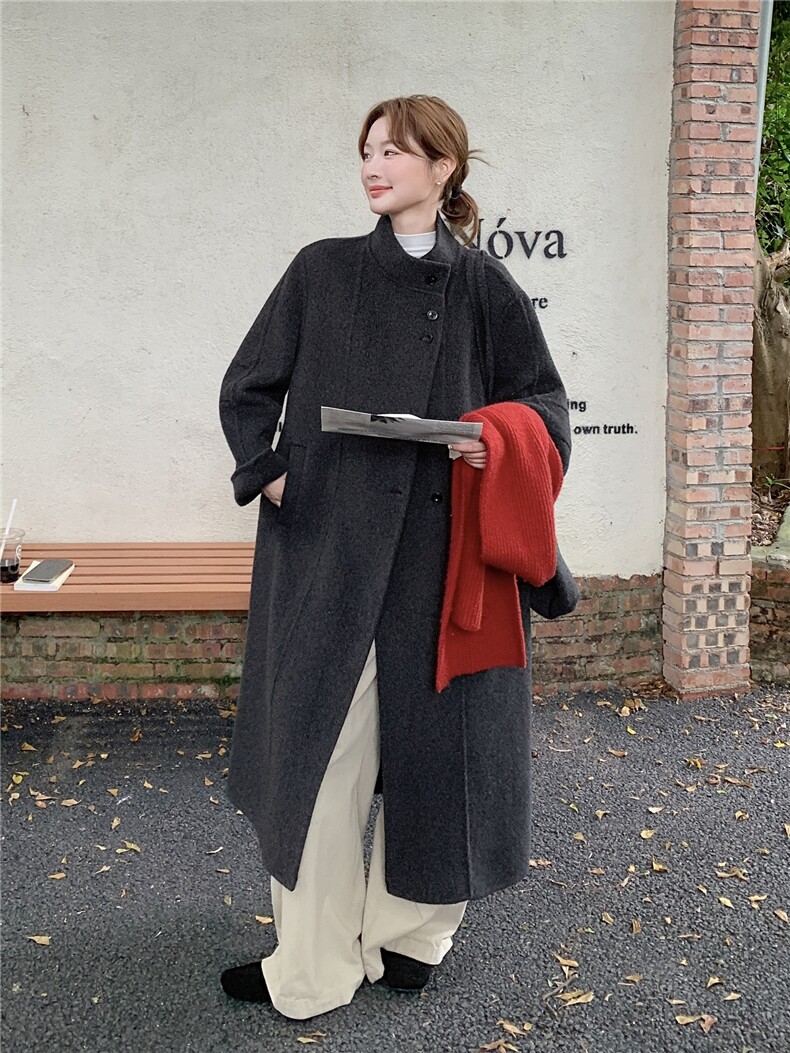 韩版气质长款深灰色毛呢大衣女2025冬季新款显瘦加厚过膝呢子外套,女装双面呢大衣,蝶眷