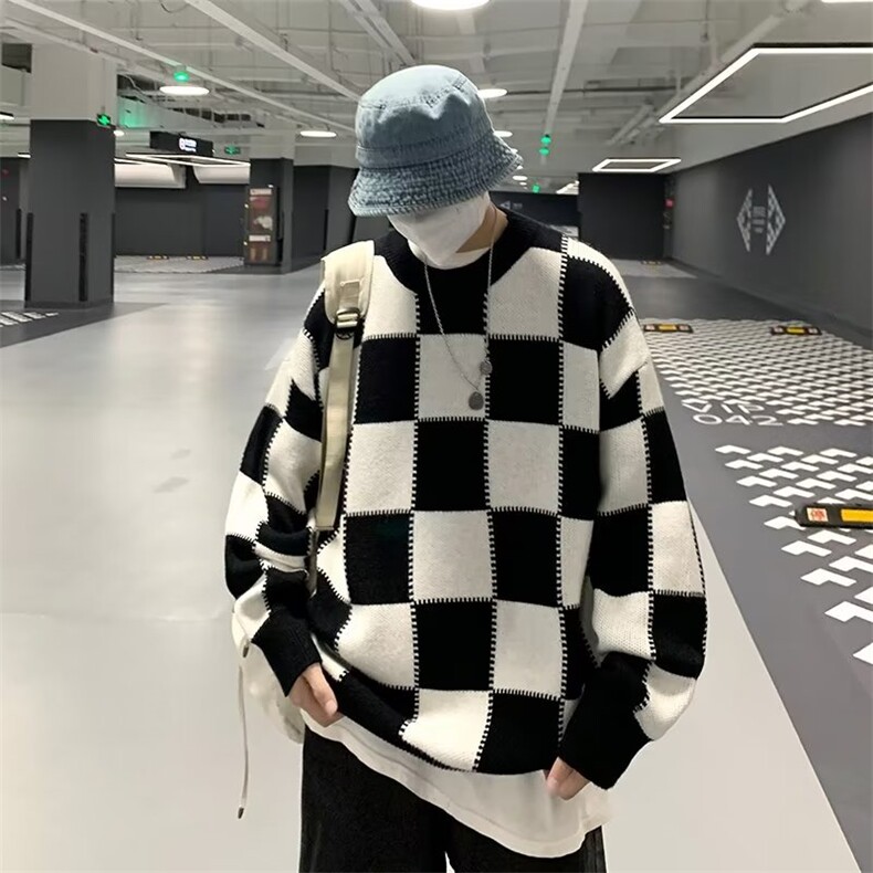 秋季美式复古棋盘格毛衣男港风超火宽松针织衫情侣毛衣M717-P35,男装针织衫/毛衣,星座512-2