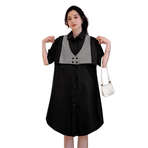 现货衬衣裙女2022夏宽松韩版中长款连衣裙通勤A字裙拼接假两件棉图片
