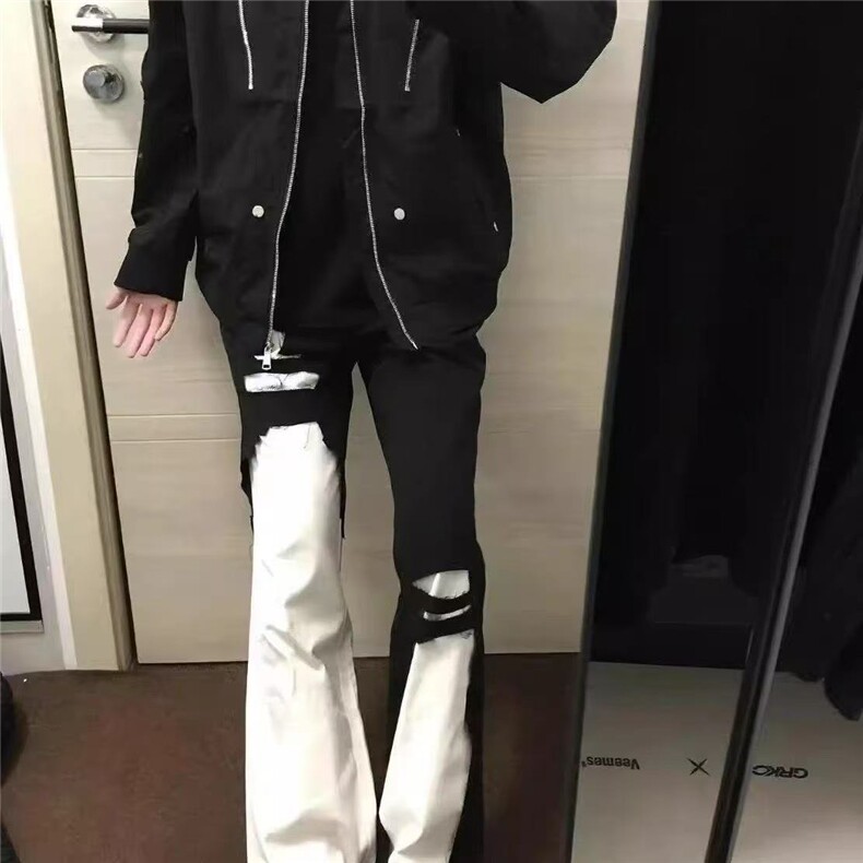 美式高街风裤子黑白拼接破洞牛仔裤男款修身百搭显瘦微喇长裤,男装牛仔裤,四季星座505