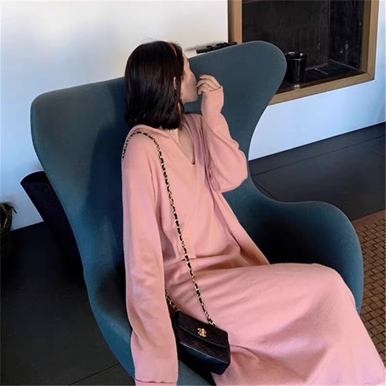 羊毛衫女秋冬宽松内搭针织衫v领中长款纯色连衣裙,女装连衣裙,思途羊绒