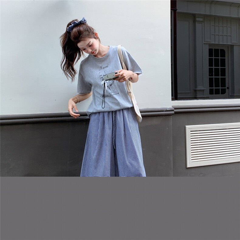灰色格子花边阔腿裤两件套时尚套装女高腰显瘦一整套,女装套装/套裙,2C166
