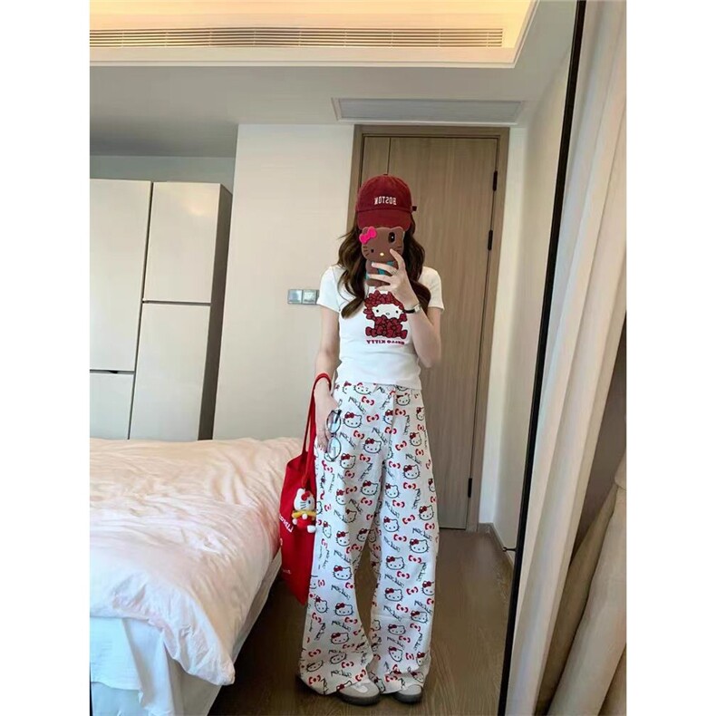 满印HelloKitty白色阔腿裤女夏宽松显瘦直筒裤慵懒百搭休闲拖地裤,男装休闲裤,星座1210-1