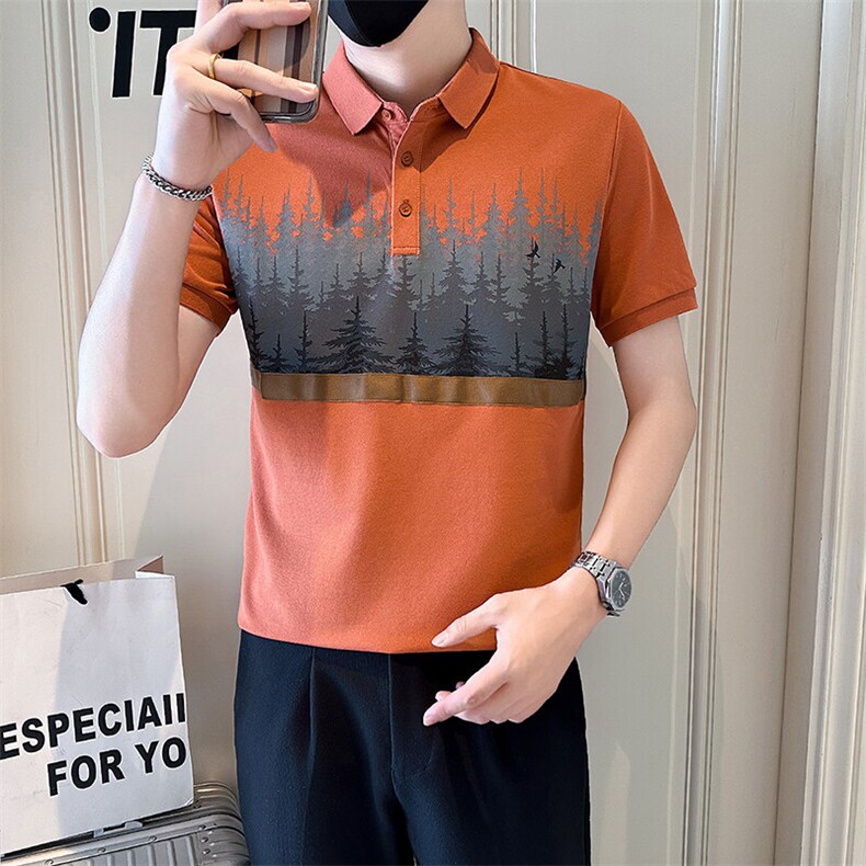 店主风社会小伙男士高级感印花翻领POLO衫男上衣301A-1/PL113/P53图片