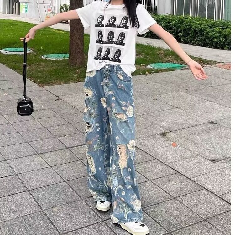 DG50-P55满印花卉阔腿水洗牛仔裤男新款夏季拖地裤子潮-网图现货,男装牛仔裤,星座603-2