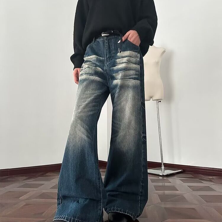 水洗猫须弯刀牛仔裤男女情侣款宽松直筒阔腿拖地镰刀裤子NZS793图片