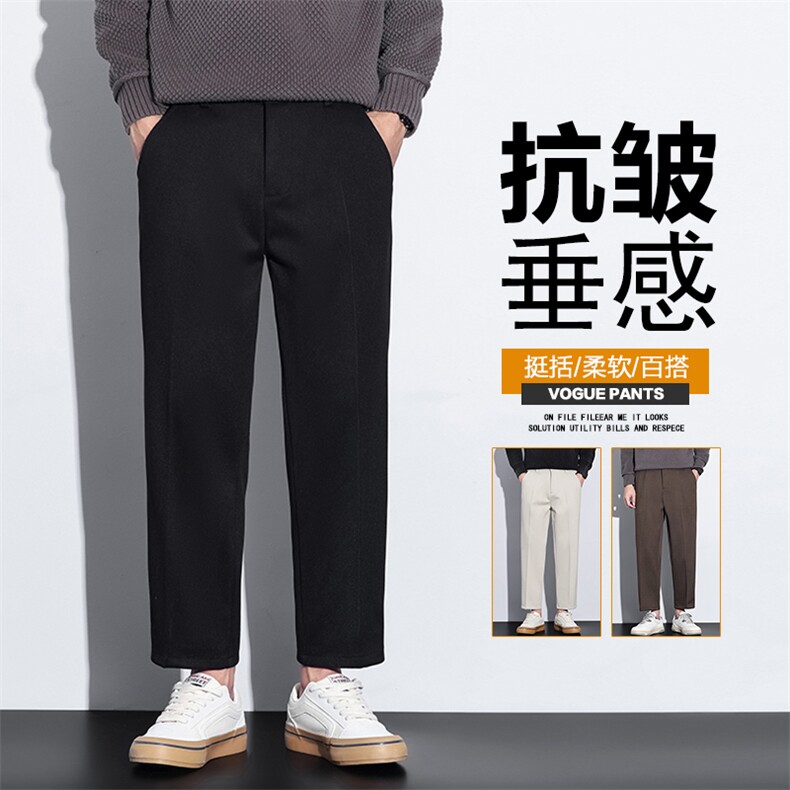 轻奢休闲裤男秋冬加厚款修身直筒百搭毛呢小西裤九分裤子D933-P50图片