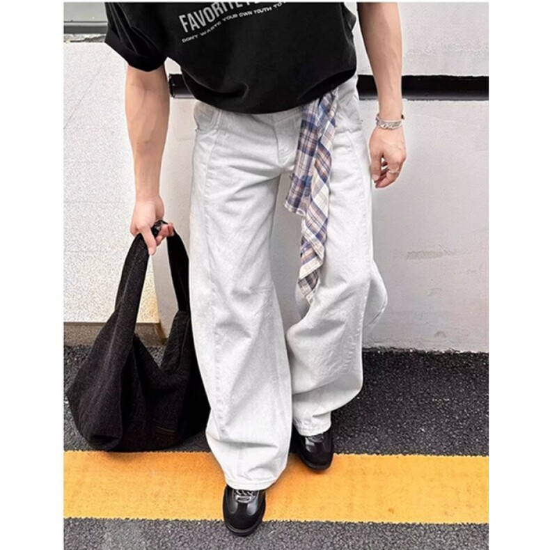 美式复古设计感格纹方巾弯刀牛仔裤新款宽松阔腿裤子LB2266-P50,男装牛仔裤,星座1008