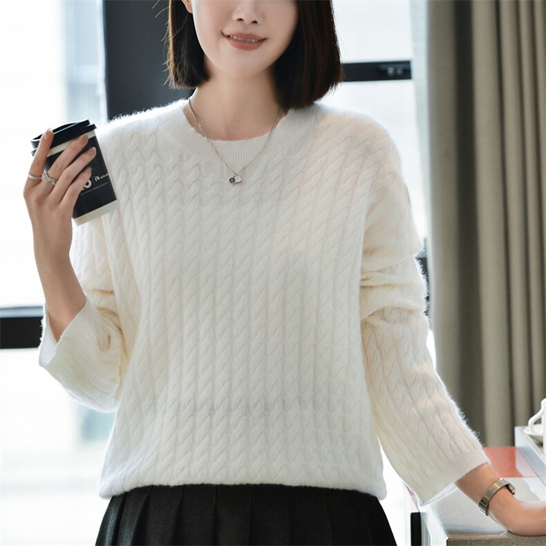 秋季新款时尚显瘦麻花羊毛衫女宽松百搭长袖针织毛衣，女装羊毛衫，宋氏羊绒