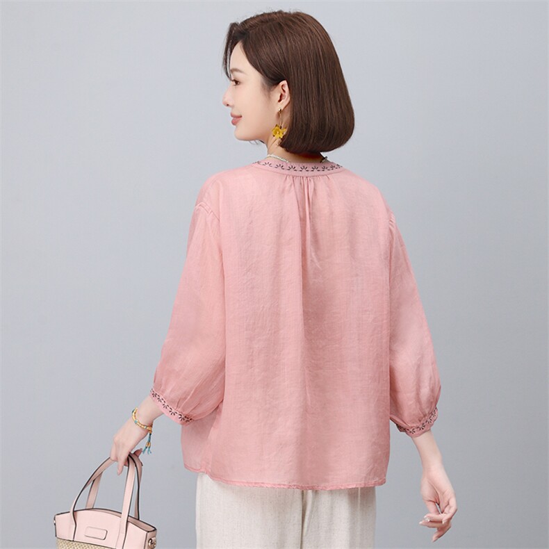 高端苎麻上衣女夏季薄款2025年新款中年妈妈休闲洋气减龄漂亮小衫,女装T恤,悦见她