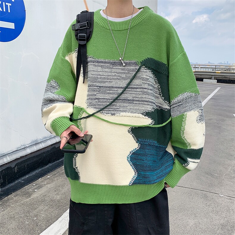秋冬男圆领毛衣扎染印花针织衫不规则打底打底外套M140 P45图片