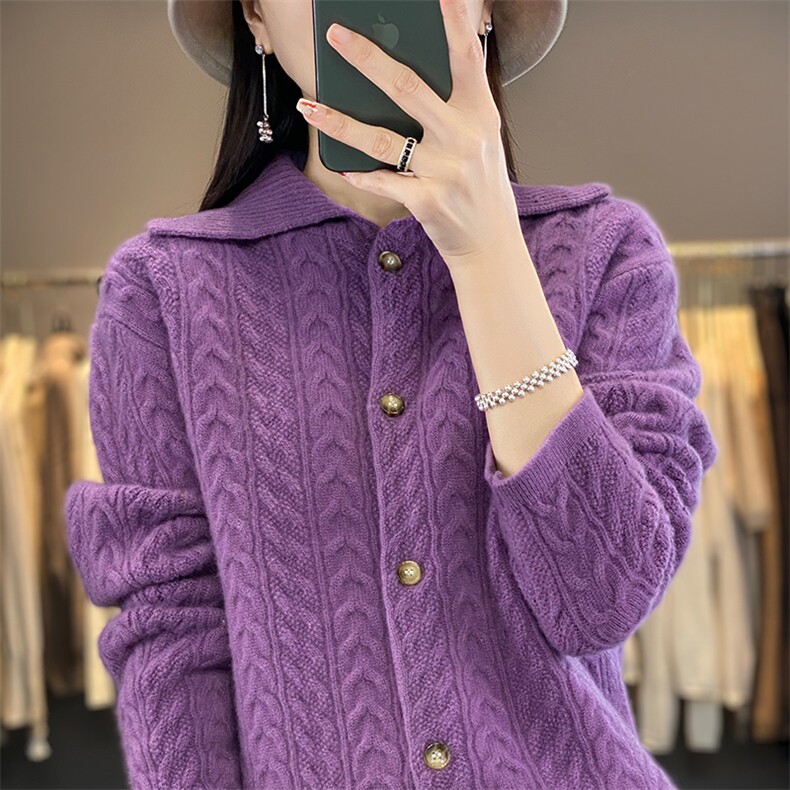 羊毛针织开衫女秋冬新款纯色绞花宽松加厚翻领外套毛衣，女装羊毛衫，蒙莲贝斯