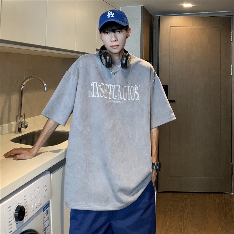 日系高街潮设计鹿皮绒刺绣情侣短袖T恤上衣绣花G1055P35男,男装T恤,电商A339