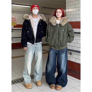 现货重磅boxy短款棉衣座山雕大毛毛领男女棉服水洗工装厚外套,绿外套搭配连衣裙的包包图片