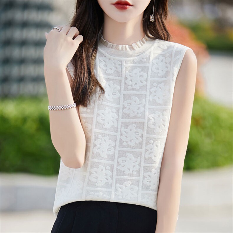 法式提花无袖针织背心女木耳花边领叠穿内搭打底衫2025新款上衣潮，女装背心吊带，暖烁羊绒
