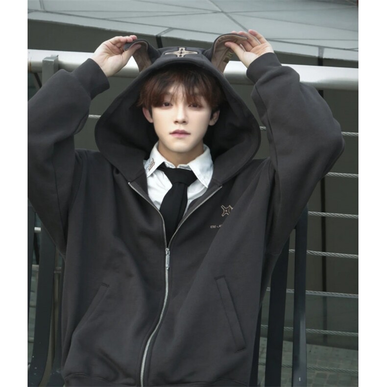 2026春秋美式趣味狗耳朵连帽卫衣男女宽松休闲帽衫外套，女装短外套，星座601-1