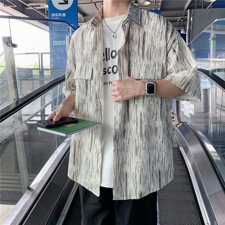 个性条纹短袖衬衫男夏季2021ins潮牌五分袖休闲衬衣外套W944-P30,男装衬衫,星座512-2