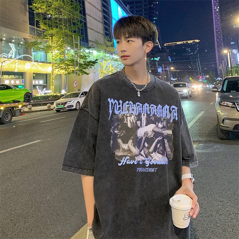 抖音供货、10万现货印花款230克水洗棉短袖T恤D223A-ST2368-P35,男装T恤,电商019-1