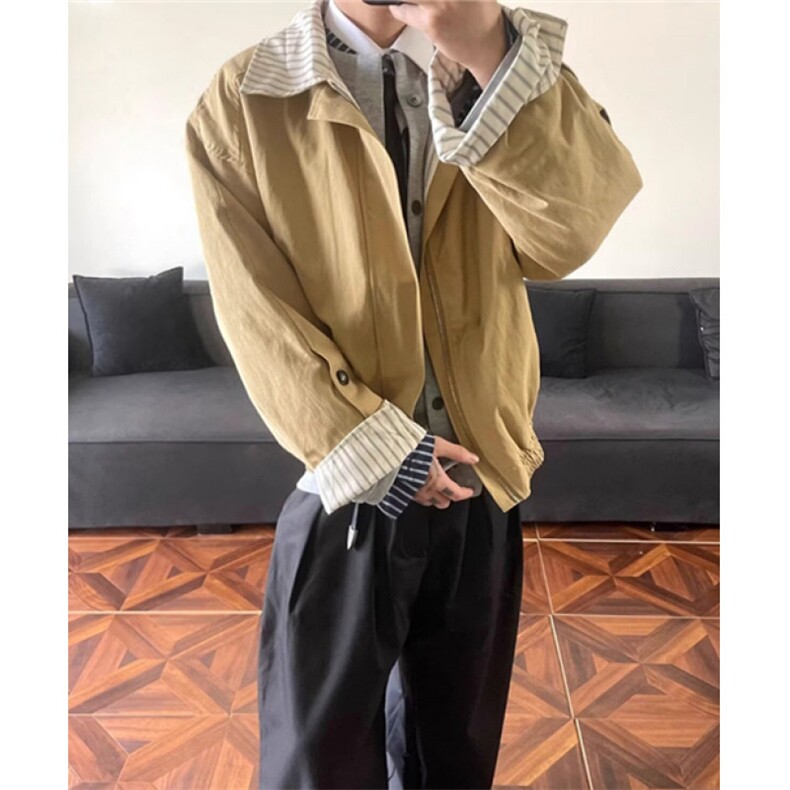 拼接格纹夹克外套男女秋季卡其色设计感小个子宽松廓形上衣 JC910图片