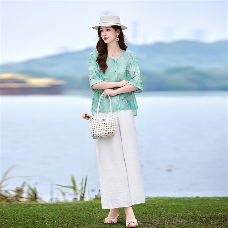 时尚洋气刺绣棉麻套装女2026夏季新款宽松遮肉显瘦阔腿裤两件套,女装套装/套裙,魅影