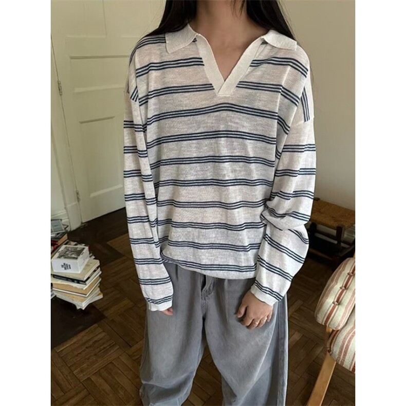 夏季薄款撞色条纹针织长袖T恤男女宽松休闲慵懒防晒上衣T5607,男装防晒衣,星座1116A（原606A-3）