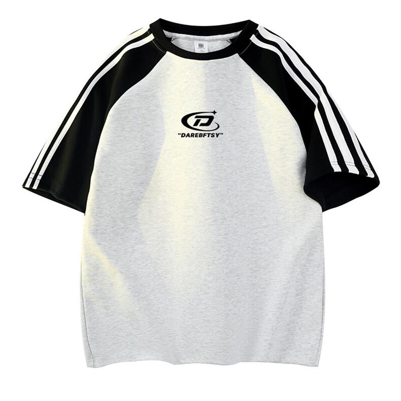 抖音得物品质二开240克宽松纯棉美式潮牌插肩三杠织带短袖T恤，男装T恤，电商A486